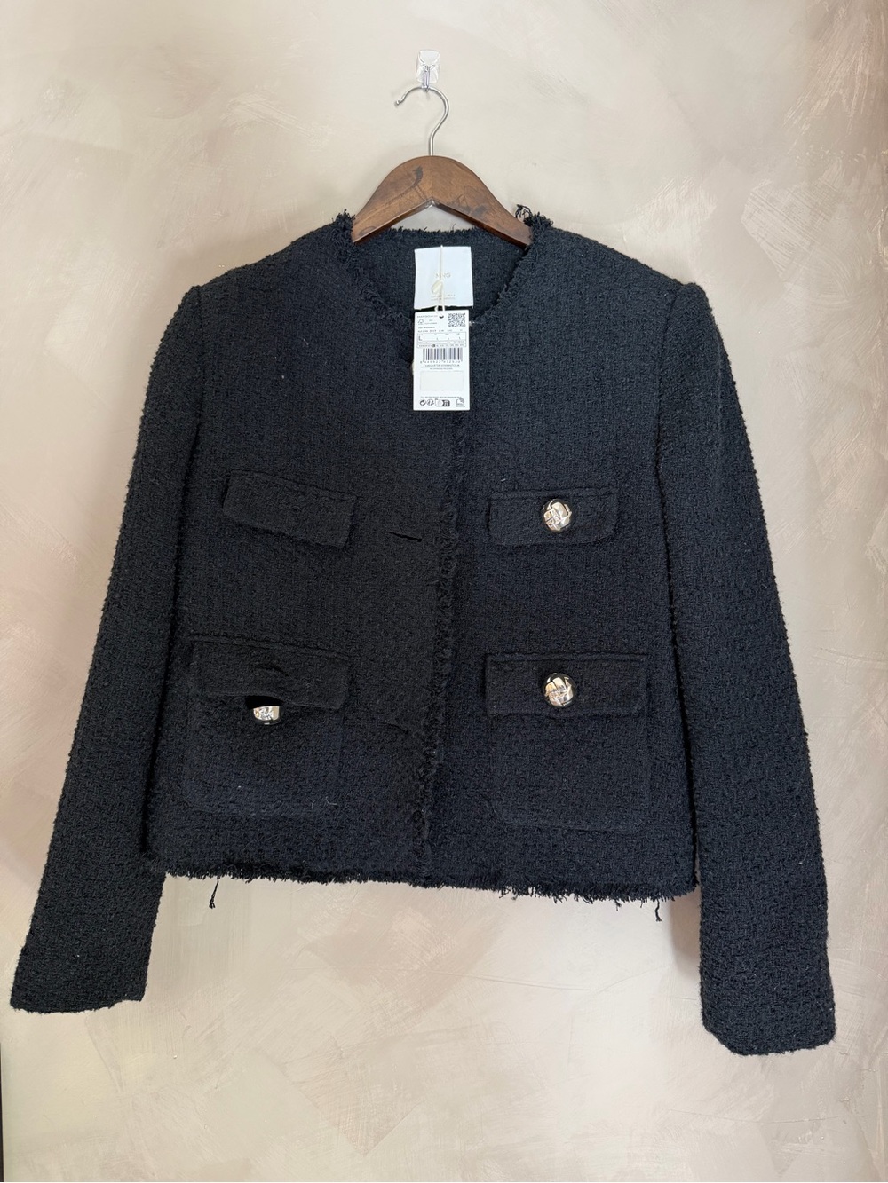 Mango Black Bouclé Pocket Blazer with Decorative Buttons